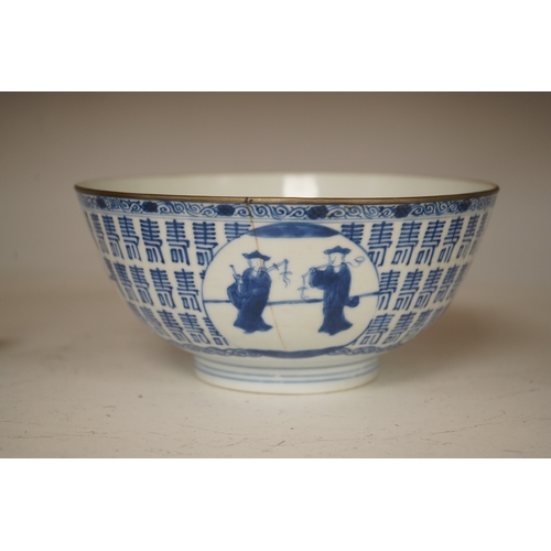 1310 - A Chinese blue and white Hundred Shou bowl, Qing dynasty, 20cm in diameter. Condition - cracked... 