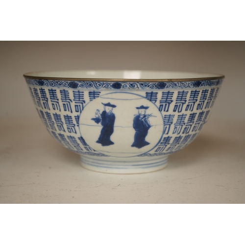 1310 - A Chinese blue and white Hundred Shou bowl, Qing dynasty, 20cm in diameter. Condition - cracked... 