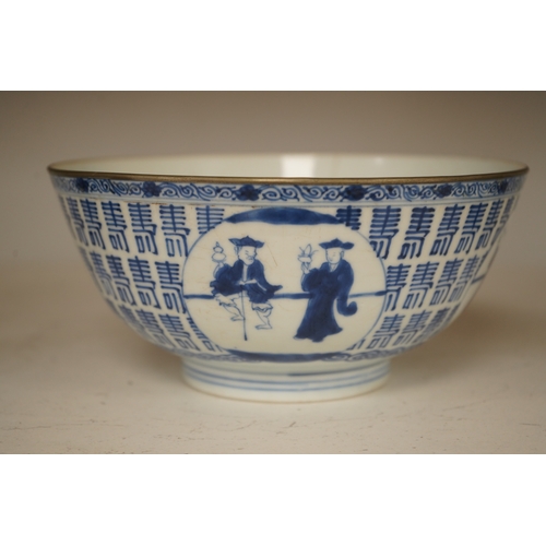 1310 - A Chinese blue and white Hundred Shou bowl, Qing dynasty, 20cm in diameter. Condition - cracked... 