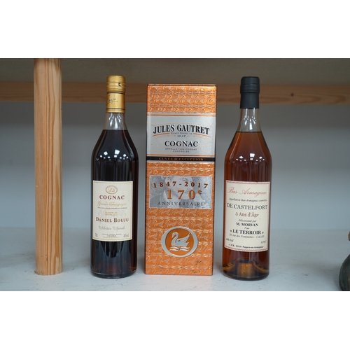 1312 - Three bottles of cognac/armagnac - a cased bottle of Jules Gautret 170th anniversary cognac, a bottl... 