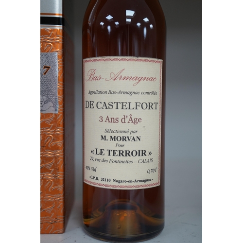 1312 - Three bottles of cognac/armagnac - a cased bottle of Jules Gautret 170th anniversary cognac, a bottl... 