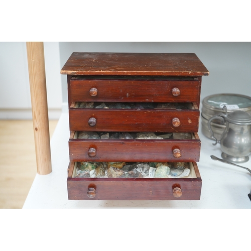 1315 - An early 20th century collectors chest fitted with five drawers filled with mineral specimens and b... 