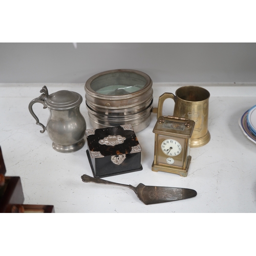 1316 - A small collection of metalware to include a white metal mounted tortoiseshell box, brass cased carr... 