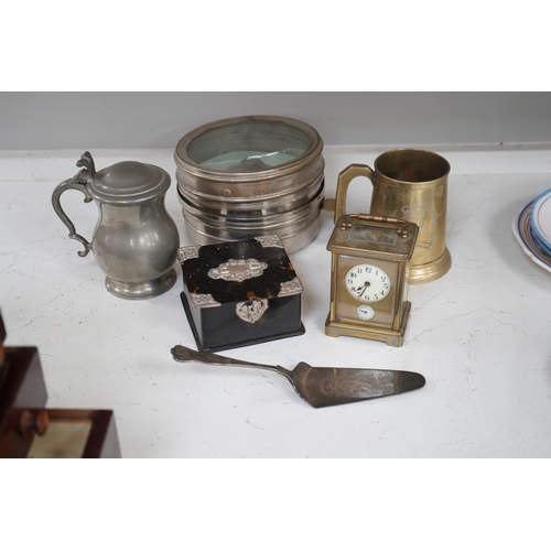 1316 - A small collection of metalware to include a white metal mounted tortoiseshell box, brass cased carr... 