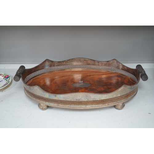 1318 - An early 20th century electroplate galleried mahogany tray, 66cm wide. Condition - fair