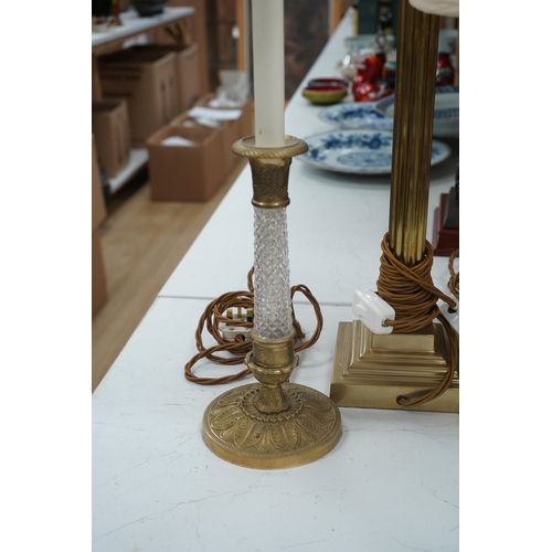 1325 - A pair of brass Corinthian column table lamps and another brass and glass pair, tallest 41.5cm. Cond... 