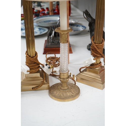 1325 - A pair of brass Corinthian column table lamps and another brass and glass pair, tallest 41.5cm. Cond... 