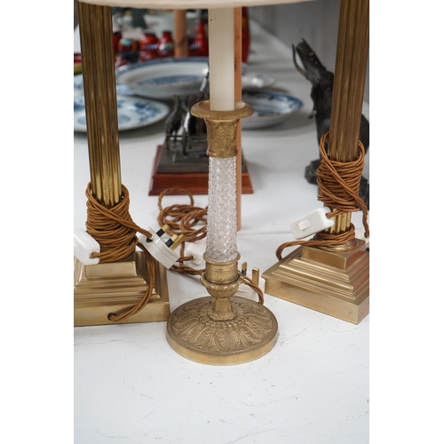 1325 - A pair of brass Corinthian column table lamps and another brass and glass pair, tallest 41.5cm. Cond... 