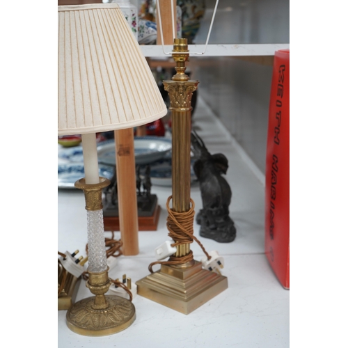 1325 - A pair of brass Corinthian column table lamps and another brass and glass pair, tallest 41.5cm. Cond... 