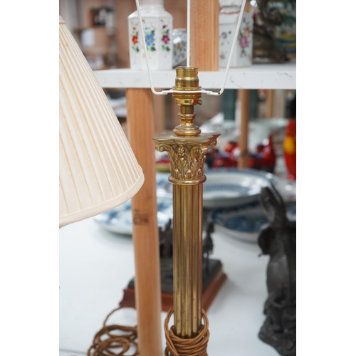 1325 - A pair of brass Corinthian column table lamps and another brass and glass pair, tallest 41.5cm. Cond... 