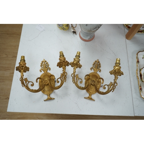 1328 - A pair of Adam style gilt brass twin branch wall lights, 23cm long. Condition - good