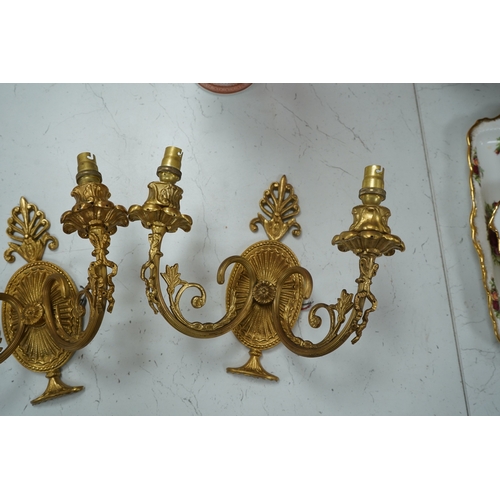 1328 - A pair of Adam style gilt brass twin branch wall lights, 23cm long. Condition - good