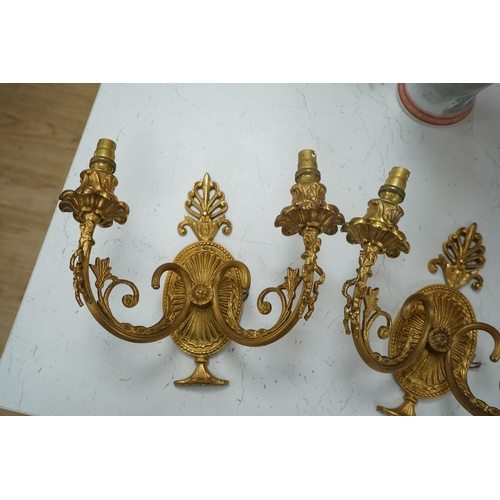 1328 - A pair of Adam style gilt brass twin branch wall lights, 23cm long. Condition - good