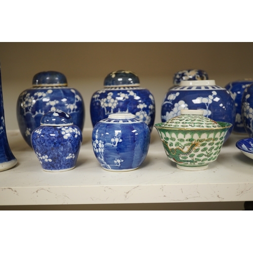 1332 - Eight Chinese blue and white ginger jars, one prunus vase and two others, the vase 25cm high. Condit... 