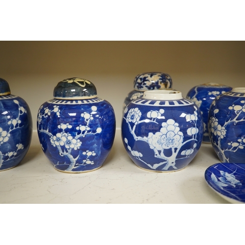 1332 - Eight Chinese blue and white ginger jars, one prunus vase and two others, the vase 25cm high. Condit... 