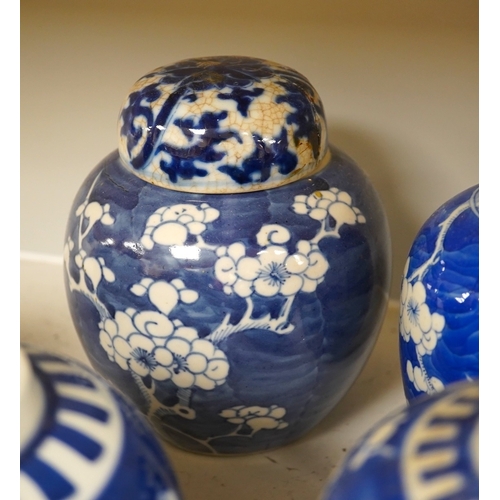 1332 - Eight Chinese blue and white ginger jars, one prunus vase and two others, the vase 25cm high. Condit... 