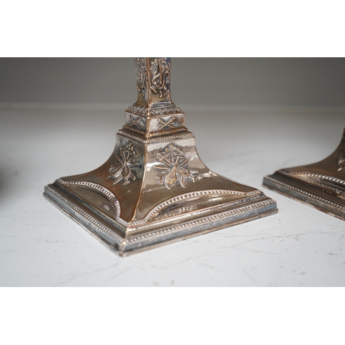 1337 - A pair of Adam design silver plated candlesticks, 29cm. Condition - worn