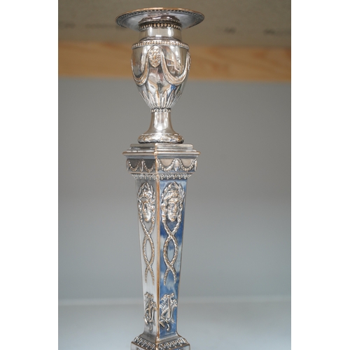 1337 - A pair of Adam design silver plated candlesticks, 29cm. Condition - worn