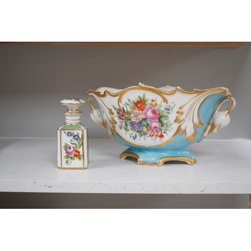 1339 - A Sevres style flower painted navette shaped jardiniere and a similar French scent bottle and stoppe... 