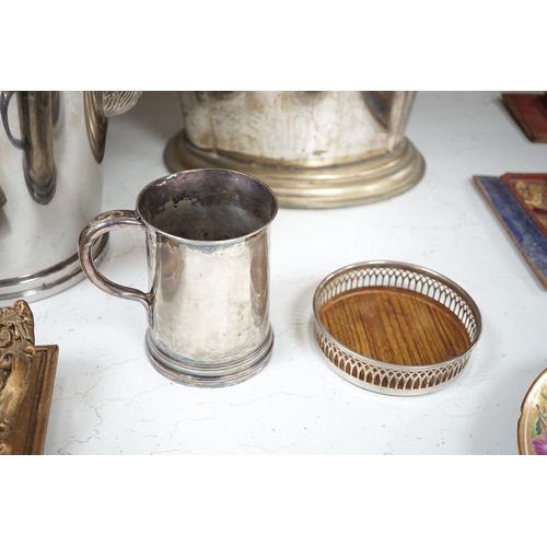 1342 - A collection of silver plated and metalware comprising two wine coolers, a tankard and a coaster, la... 