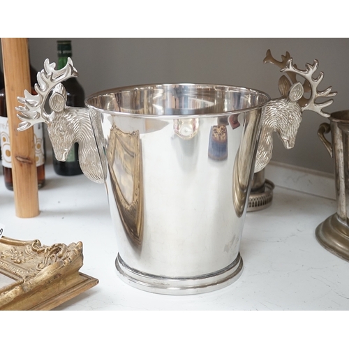 1342 - A collection of silver plated and metalware comprising two wine coolers, a tankard and a coaster, la... 