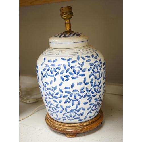 1345 - Two Chinese porcelain jars mounted as lamps and a similar blue and white octagonal jardiniere, large... 