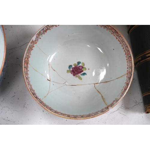 1347 - Two 18th century Chinese export famille rose bowls (a.f) largest 26cm diameter. Condition - poor... 