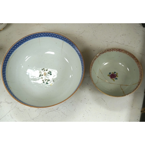 1347 - Two 18th century Chinese export famille rose bowls (a.f) largest 26cm diameter. Condition - poor... 