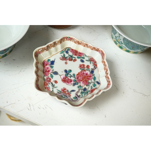 1361 - A Chinese blue and white bowl, Kangxi, 15cm. diam., a famille rose teapot stand, Yongzheng, and two ... 