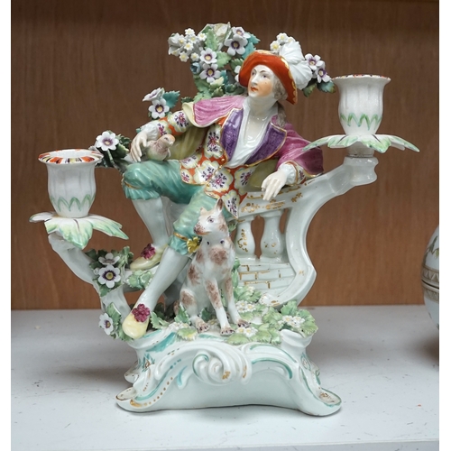 1364 - A Derby figural two-branch candelabrum, c.1775, 25cm high. Condition - poor