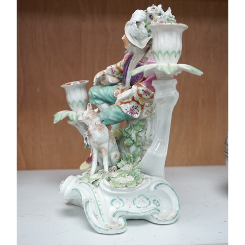 1364 - A Derby figural two-branch candelabrum, c.1775, 25cm high. Condition - poor