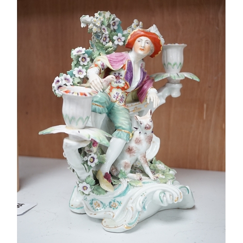 1364 - A Derby figural two-branch candelabrum, c.1775, 25cm high. Condition - poor