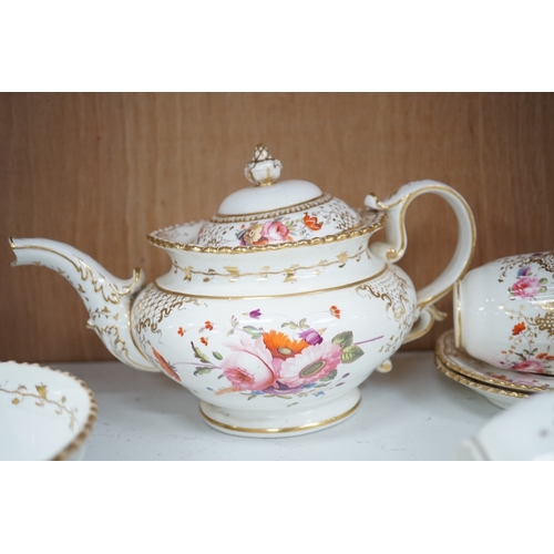 1370 - A Coalport floral part teaset, c.1825, to include teapot, sandwich plates and cups & saucers. Condit... 