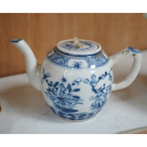 1383 - A Worcester teapot, c.1770, an 18th century Chinese famille rose and a blue and white dish, a small ... 