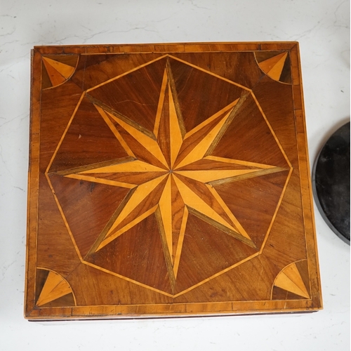 1386 - An early 19th century wood parquetry specimen box decorated with a star design top, 26cm wide, 10cm ... 