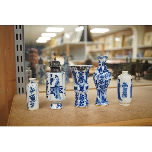 1389 - Five Chinese blue and white small vases, Kangxi period, one Dutch silver mounted as a sugar castor, ... 