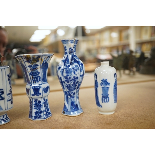 1389 - Five Chinese blue and white small vases, Kangxi period, one Dutch silver mounted as a sugar castor, ... 