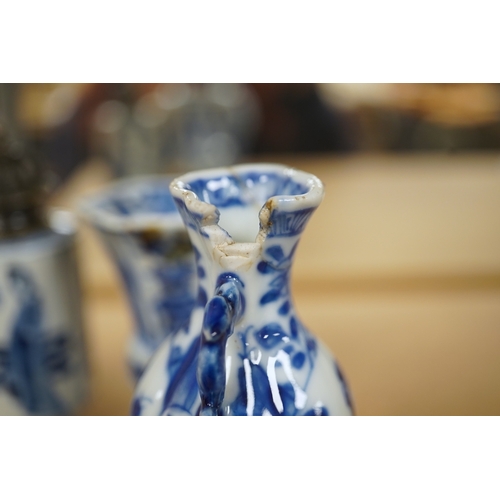 1389 - Five Chinese blue and white small vases, Kangxi period, one Dutch silver mounted as a sugar castor, ... 