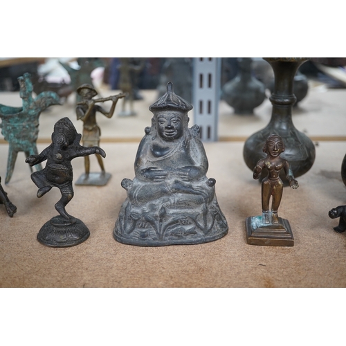 1390 - A group of Chinese and Indian bronze figures and vessels, 19th century and later, tallest 12cm. Cond... 