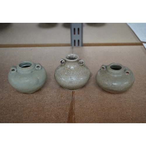 1392 - Two Chinese celadon jarlets, Yuan dynasty and a crackle glaze jarlet, tallest 6cm. Condition - good... 