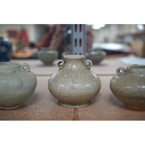 1392 - Two Chinese celadon jarlets, Yuan dynasty and a crackle glaze jarlet, tallest 6cm. Condition - good... 