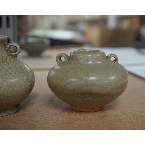 1392 - Two Chinese celadon jarlets, Yuan dynasty and a crackle glaze jarlet, tallest 6cm. Condition - good... 