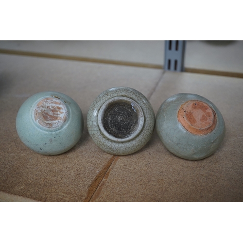 1392 - Two Chinese celadon jarlets, Yuan dynasty and a crackle glaze jarlet, tallest 6cm. Condition - good... 