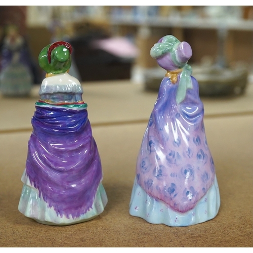 1395 - Two Royal Doulton M-series figures, M2 A Victorian Lady and M3 The Paisley shawl, 10cm high. Conditi... 