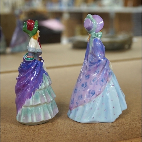 1395 - Two Royal Doulton M-series figures, M2 A Victorian Lady and M3 The Paisley shawl, 10cm high. Conditi... 