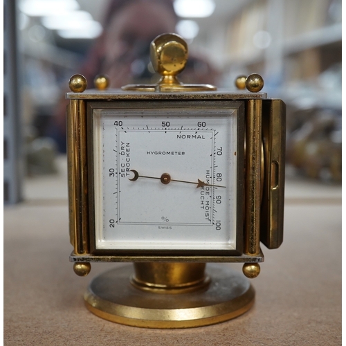 1398 - An Imhof brass combination clock, hydrometer, barometer and thermometer, 12cm high. Condition - fair... 