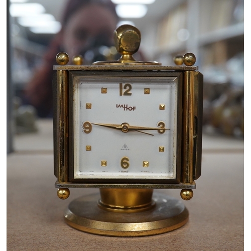 1398 - An Imhof brass combination clock, hydrometer, barometer and thermometer, 12cm high. Condition - fair... 