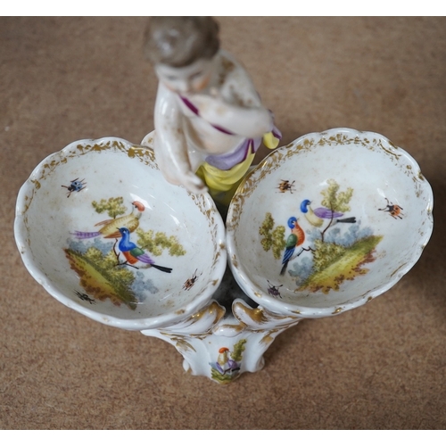 1402 - A pair of Berlin figural porcelain salts, hand painted with birds, 13.5cm wide. Condition - fair to ... 