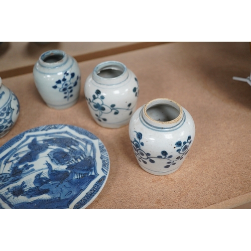 1405 - Three Chinese blue and white jars and a dish centre, late Ming dynasty, largest 13cm in diameter. Co... 