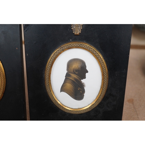 1406 - Miers & Field, two bronzed painted plaster silhouettes of gentlemen, framed. Condition - good